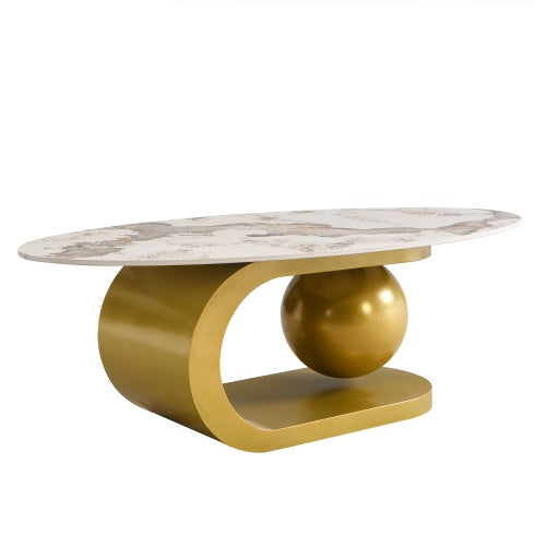 Mesa de Centro Oval Moderna para Sala de Estar, Encimera de Mesa de Centro de Piedra Sinterizada con Patrón de Mármol y Base de Acero Inoxidable Dorado en 47.2