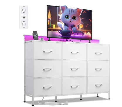 47-inch TV Stand For Up To 55 Inch TVs, Entertainment Center With RGB LED Lights & Charging Station, Media Console With 9 Fabric Drawers