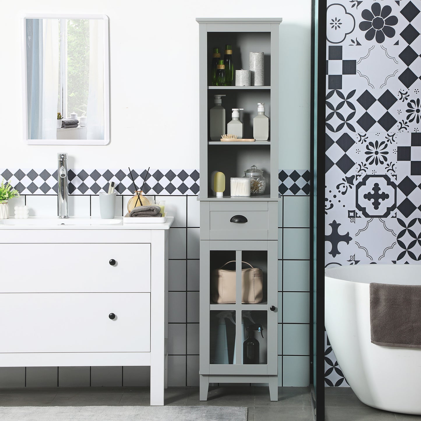 Slim Bathroom Storage Cabinet Door & Shelves Tower