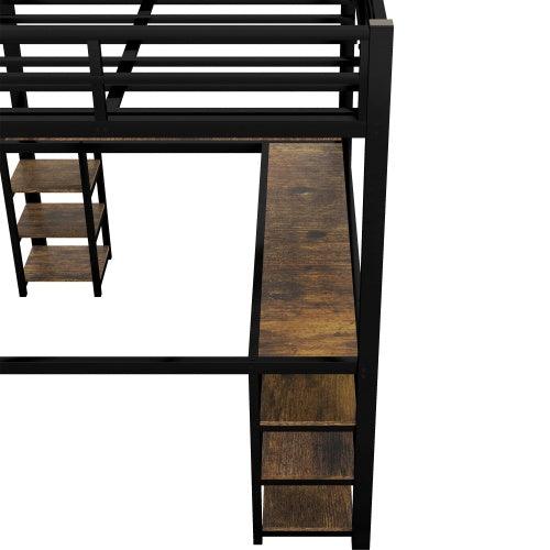 Cama Alta de Metal XL Completa con Escritorio y Estanterías, Cama Alta con Escalera y Barandales, Marco de Cama Alta para Dormitorio, Negro