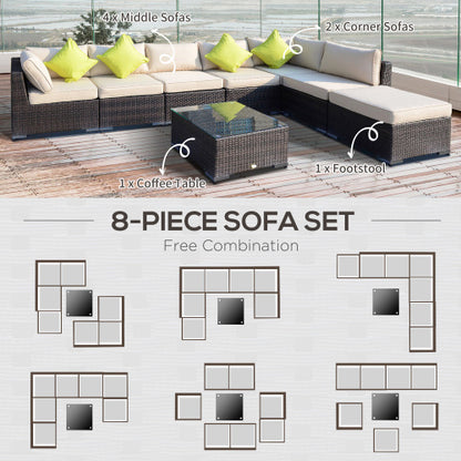 Outsunny 8 Pieces PE Rattan Corner Sofa Set With Thick Cushions, Aluminium Outdoor Rattan Garden Furniture Set With Glass Top Table, No Assembly Required, Mixed Brown