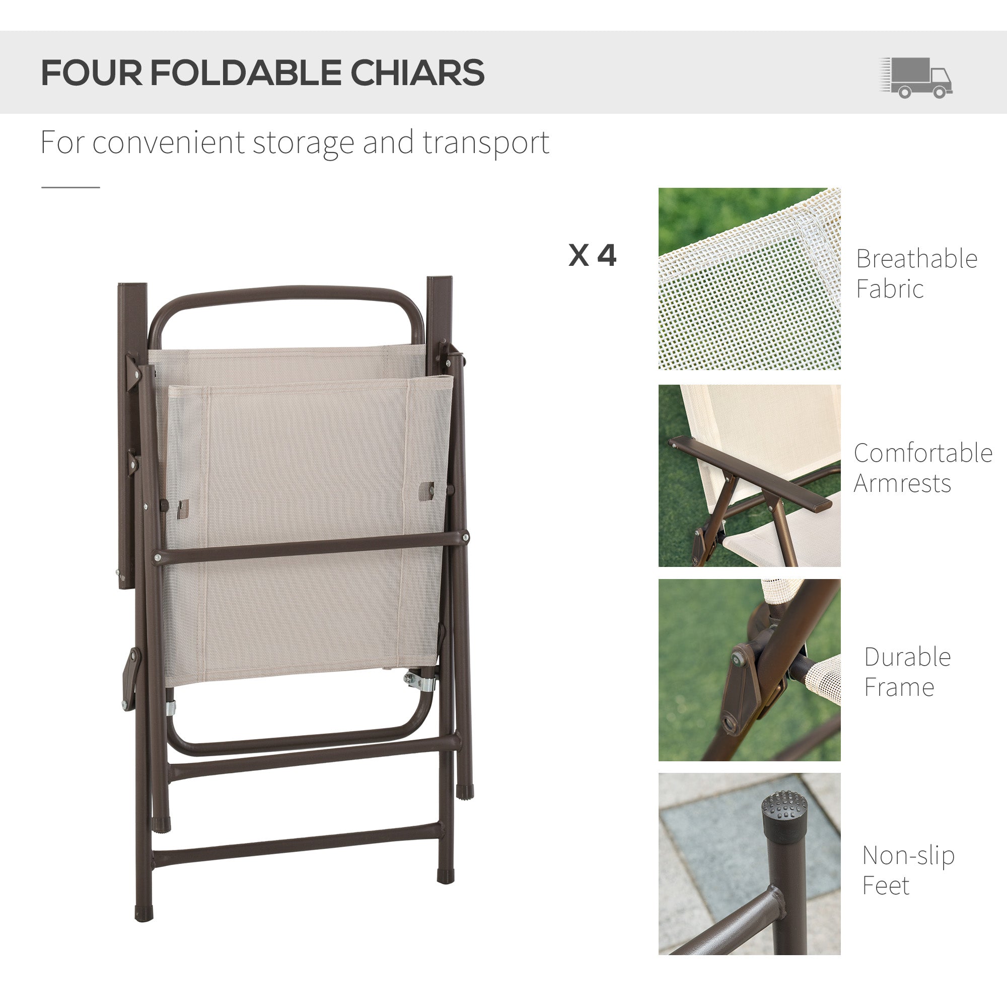 Juego de Comedor para Terraza de 6 Piezas con Sombrilla, Sillas Plegables y Mesa de Cristal, Beige - Configuración para Comidas al Aire Libre