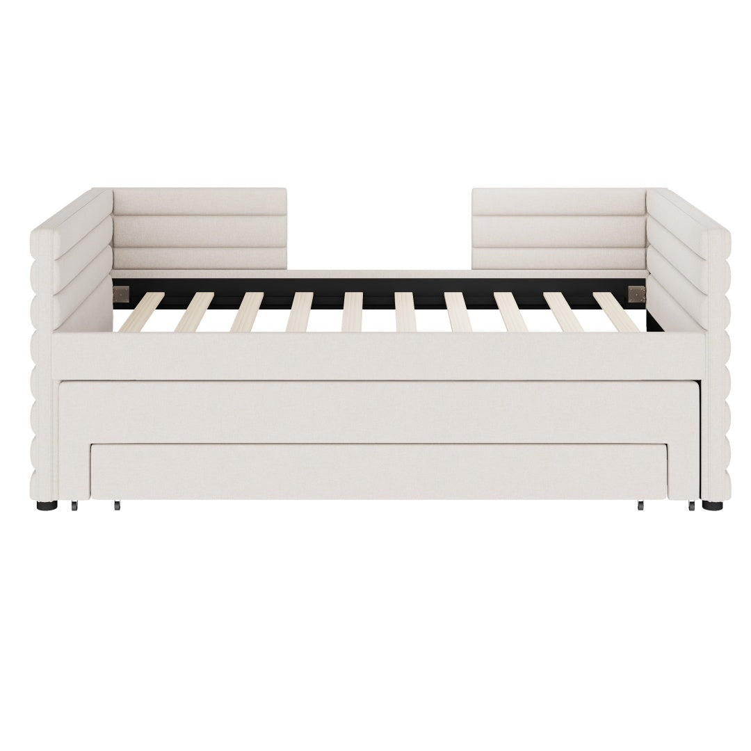 Cama de Día Tapizada de Tamaño Individual con Trundle y 3 Cajones de Almacenamiento, Sofá Cama de Tela Chenille para Habitación de Invitados, Sala de Estar, Marco de Cama de Día Moderno Ahorra Espacio, No Se Requiere Resorte de Caja