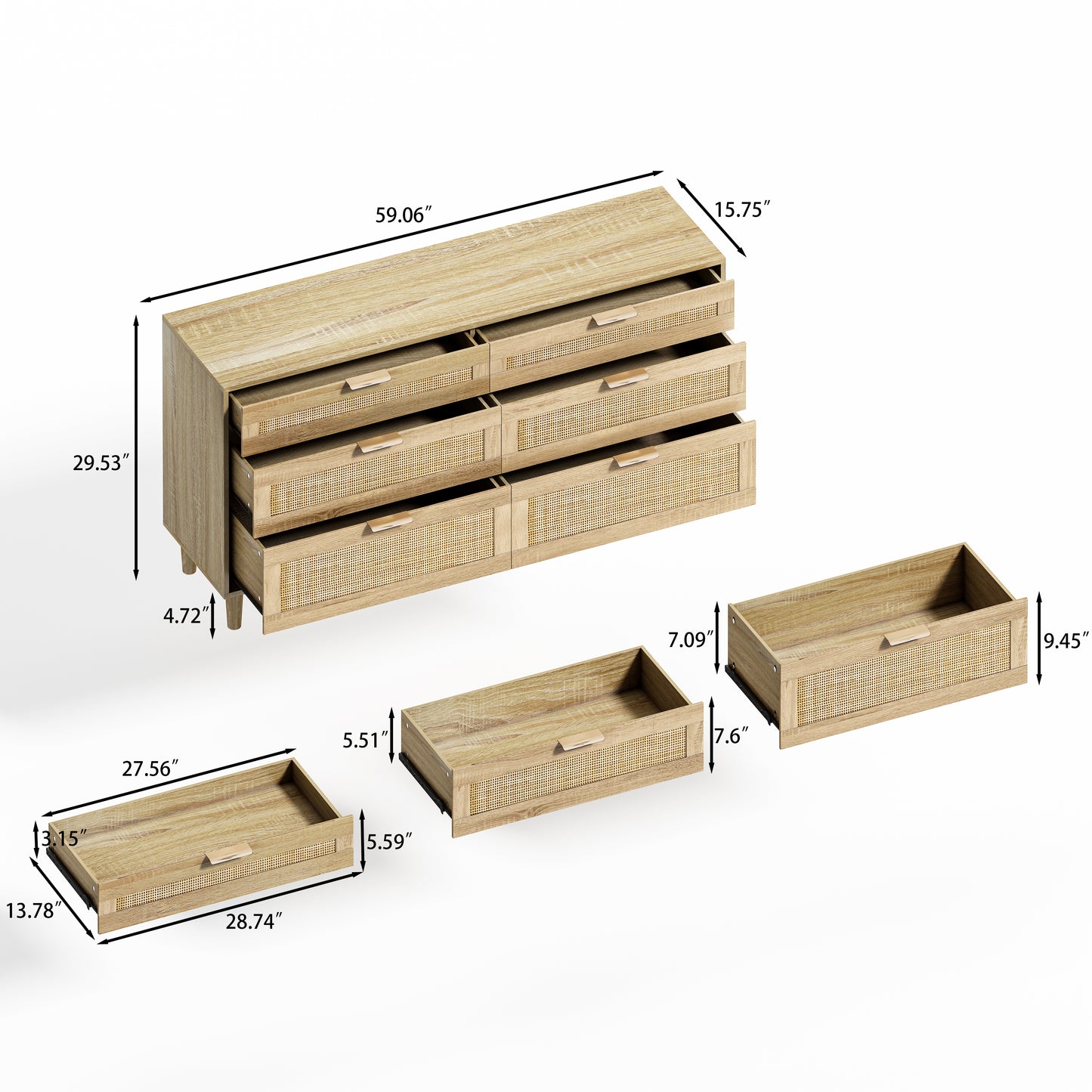 59 Rattan Dresser With Drawers, 6 Drawer Dresser For Bedroom, Clothes Storage Cabinet For Bedroom, Metal Handle Wood Legs For Hallway, Living Room, Bedroom,Natural