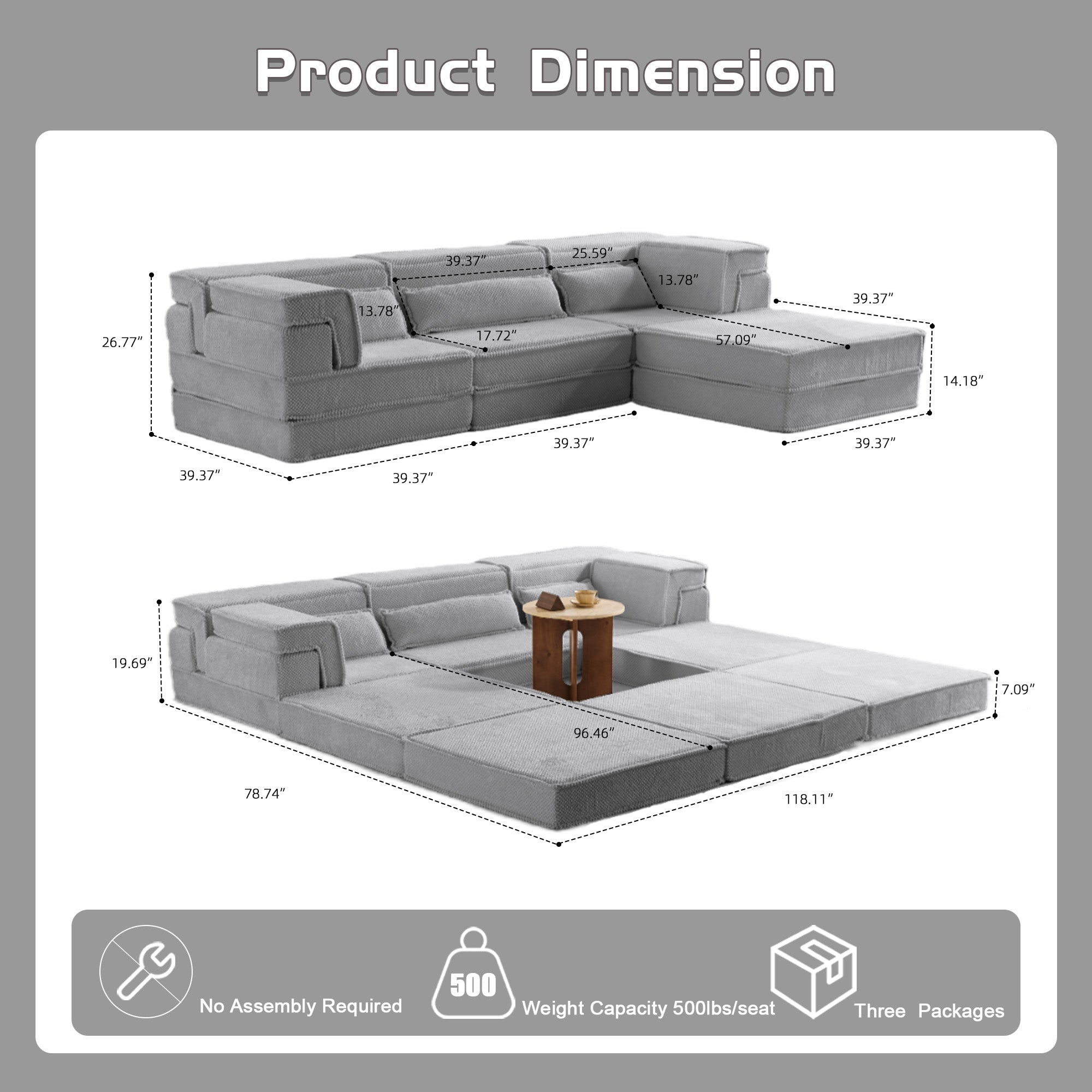 Light Grey Modular Sofa Circle Fleece Fabric