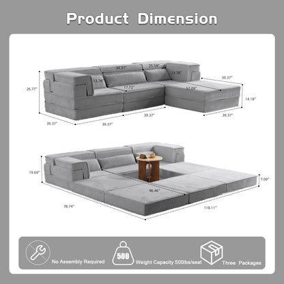 Compression Mahjong Sofa,Convertible Floor Sofa Bed,DIY Boneless Modular Sectional Sofa,No Assembly Required,Circle Fleece Fabric,Oversized 3 Seater With 1 Ottoman,Light-grey