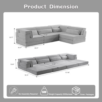 Compression Mahjong Sofa,Convertible Floor Sofa Bed,DIY Boneless Modular Sectional Sofa,No Assembly Required,Circle Fleece Fabric,Oversized 4 Seater With 4 Pillows,Light-grey
