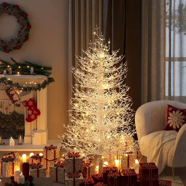 Árbol de Navidad Artificial de Abeto Aspen Preiluminado de 4FT, Árbol de Navidad Articulado con 280 Puntas de Ramas Cubiertas de Nieve, 230 Luces LED de Luz Blanca Cálida, Árbol de Navidad Coral para Hogar y Fiestas--No Soporta Recogida en Persona