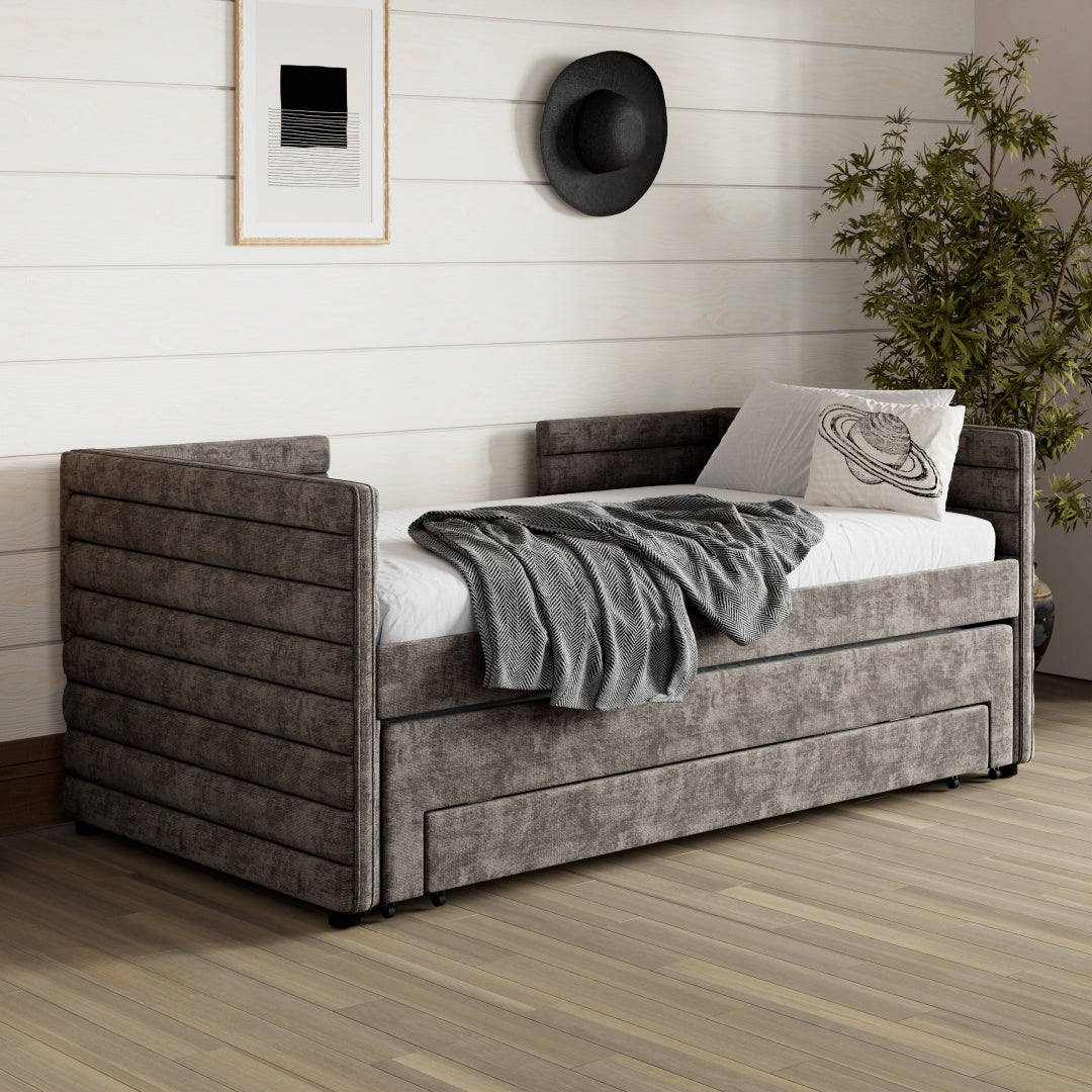 Cama de Día Tapizada de Tamaño Individual con Trundle y 3 Cajones de Almacenamiento, Sofá Cama de Tela Chenille para Habitación de Invitados, Sala de Estar, Marco de Cama de Día Moderno Ahorra Espacio, No Se Requiere Resorte de Caja