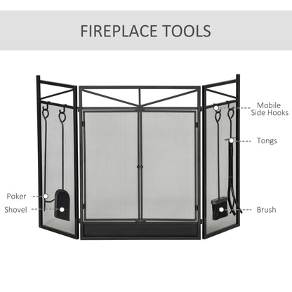 3-Panel Folding Fireplace Screen with 2 Magnetic Doors and Fire Place Tools Set
