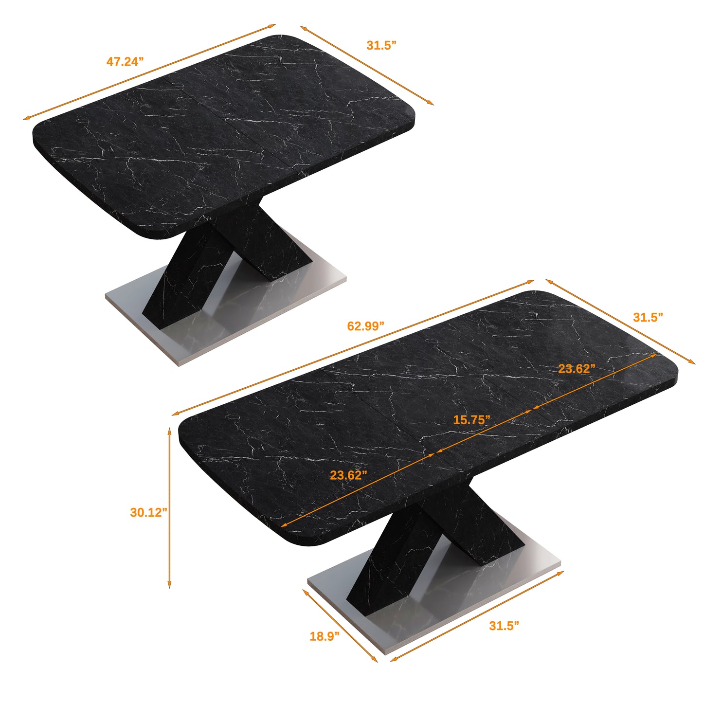 Modern Rectangle Dining Table Stretchable,Printed Black Marble Table Top MDF X-Shape Table Leg With Metal Base