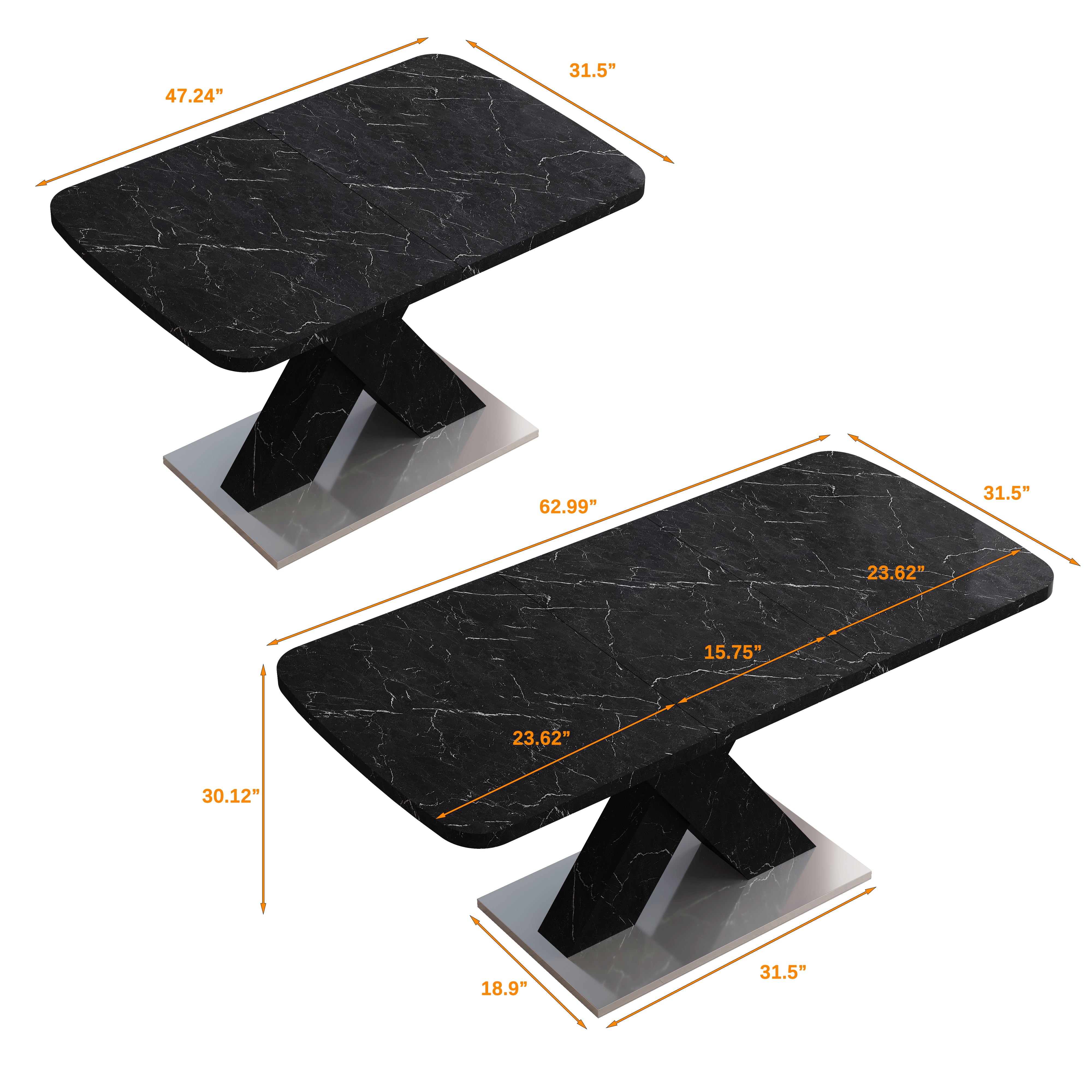 Mesa de Comedor Rectangular Moderna Extensible, Superficie de Mesa de Mármol Negro Impreso MDF con Patas en Forma de X y Base de Metal
