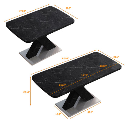 Modern Rectangle Dining Table Stretchable,Printed Black Marble Table Top MDF X-Shape Table Leg With Metal Base