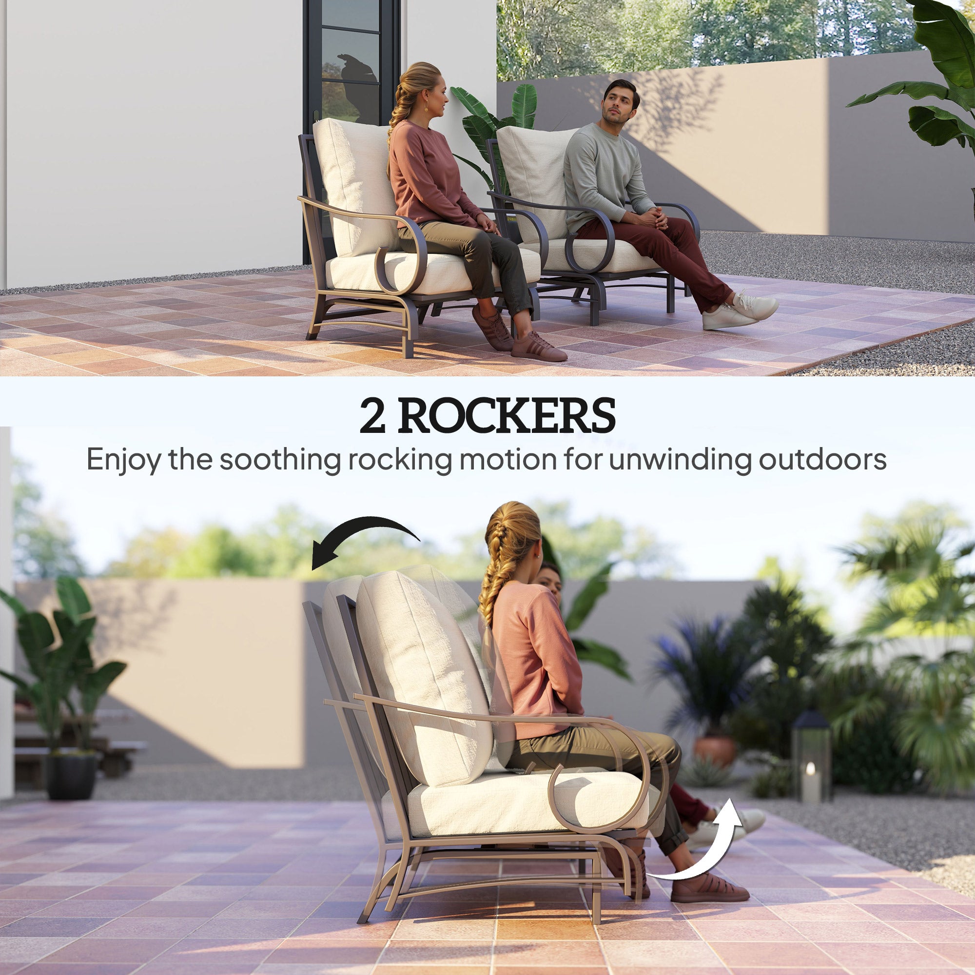 Conjunto de 5 Piezas de Muebles para Patio Trasero, Conjunto de Muebles de Exterior con 2 Sillas Mecedoras, Sofá de 3 Plazas y 2 Otomanos, Beige