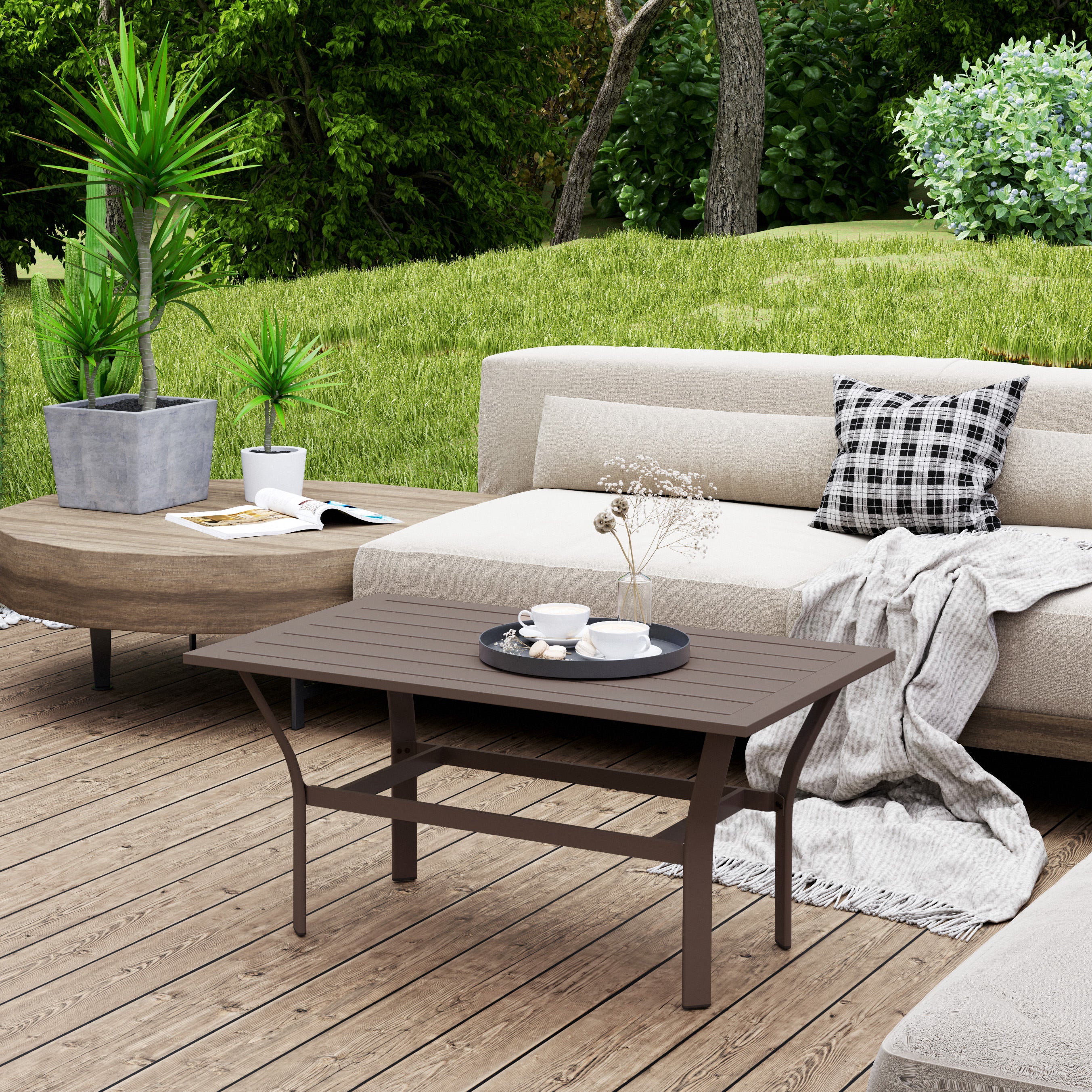 Mesa de Café Exterior con Superficie de Lamas, Mesa de Café Rectangular de Metal para Patio Todo Tiempo para Jardín, Marrón