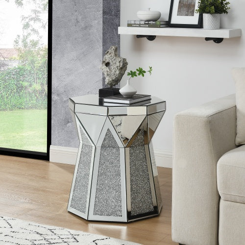 Trommelstil Couchtisch mit Spiegelkristall-Einlage, Polygonal Silber Dekortisch, Modernes Design Luxus Moderne Möbel, 20 Zoll Etwa 50 Zentimeter Niedriger Couchtisch, Geeignet für Wohnzimmer