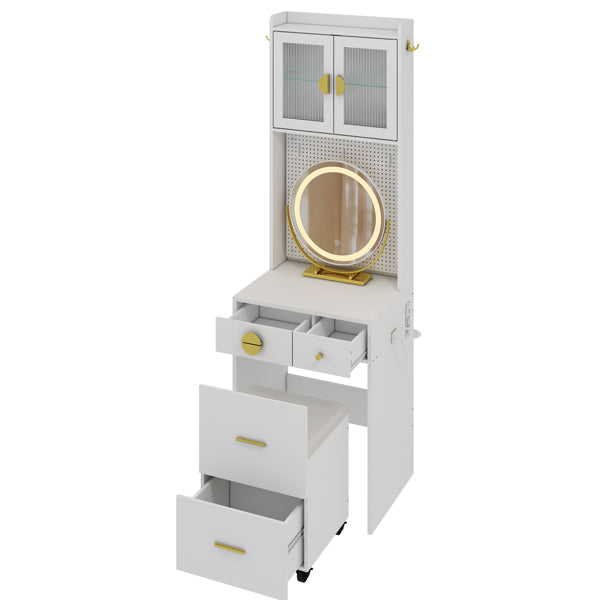 3 Cajones 2 Puertas 1 Espejo LED de 3 Tonos de Color Luz Táctil Grande Redondo Conjunto de Mesa de Tocador