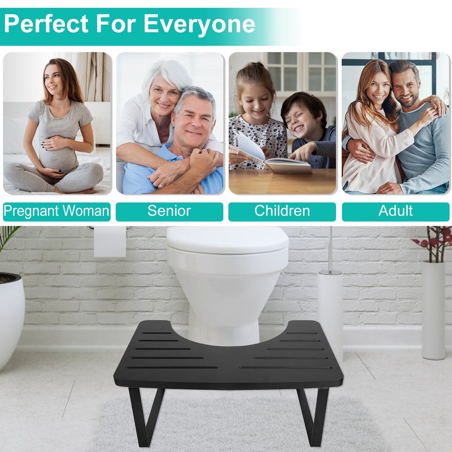 1Pc Wooden Metal Potty Stool  6.69in In Bathroom Toilet Stool For Children Rustproof Anti-Slip Poop Stool Black