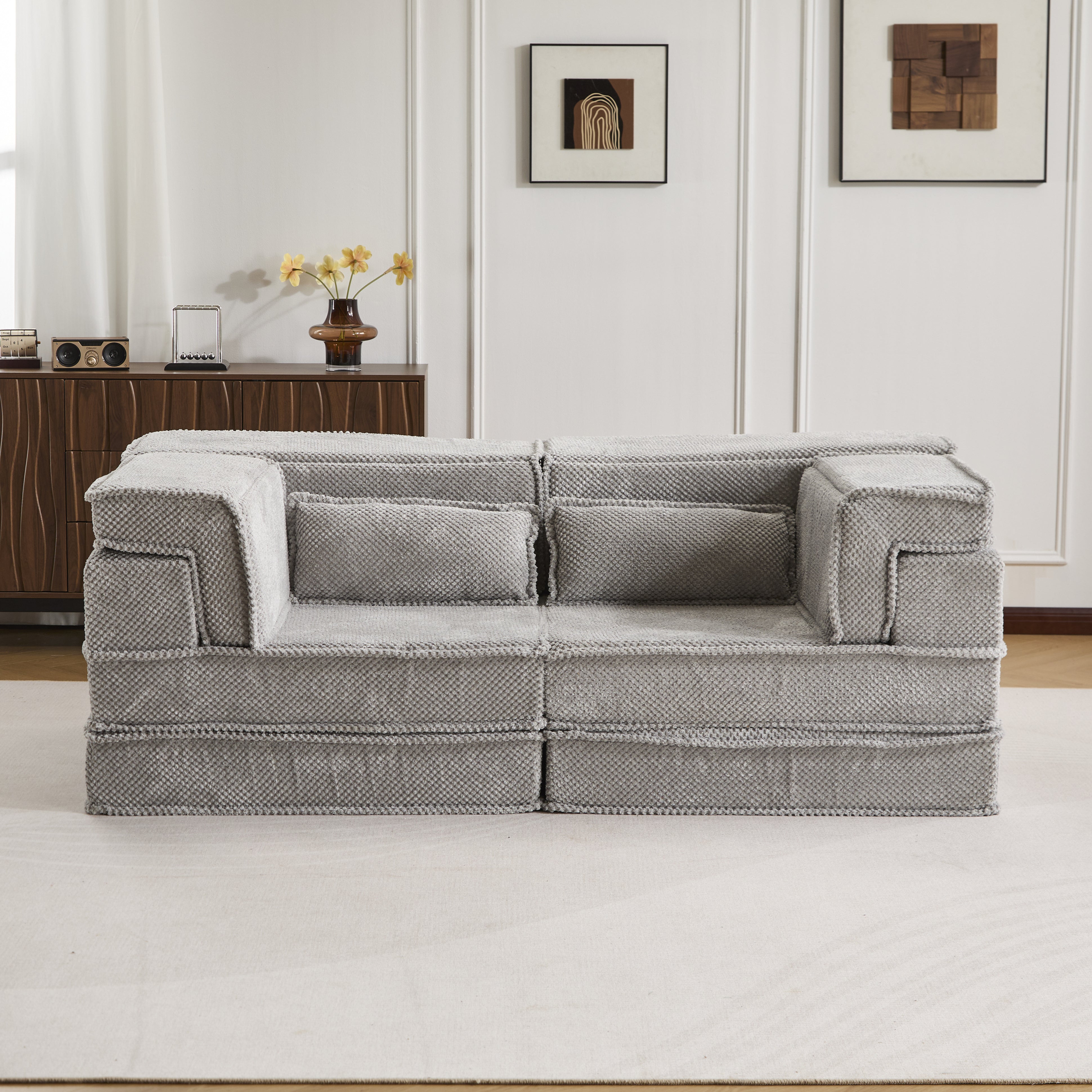 Sofá Mahjong de Compresión, Sofá Cama Convertible para el Suelo, Sofá Seccional Modular sin Huesos DIY, Sin Ensamblaje Requerido, Tejido de Lana de Círculo, Loveseat Sobredimensionado Moderno, Gris Claro
