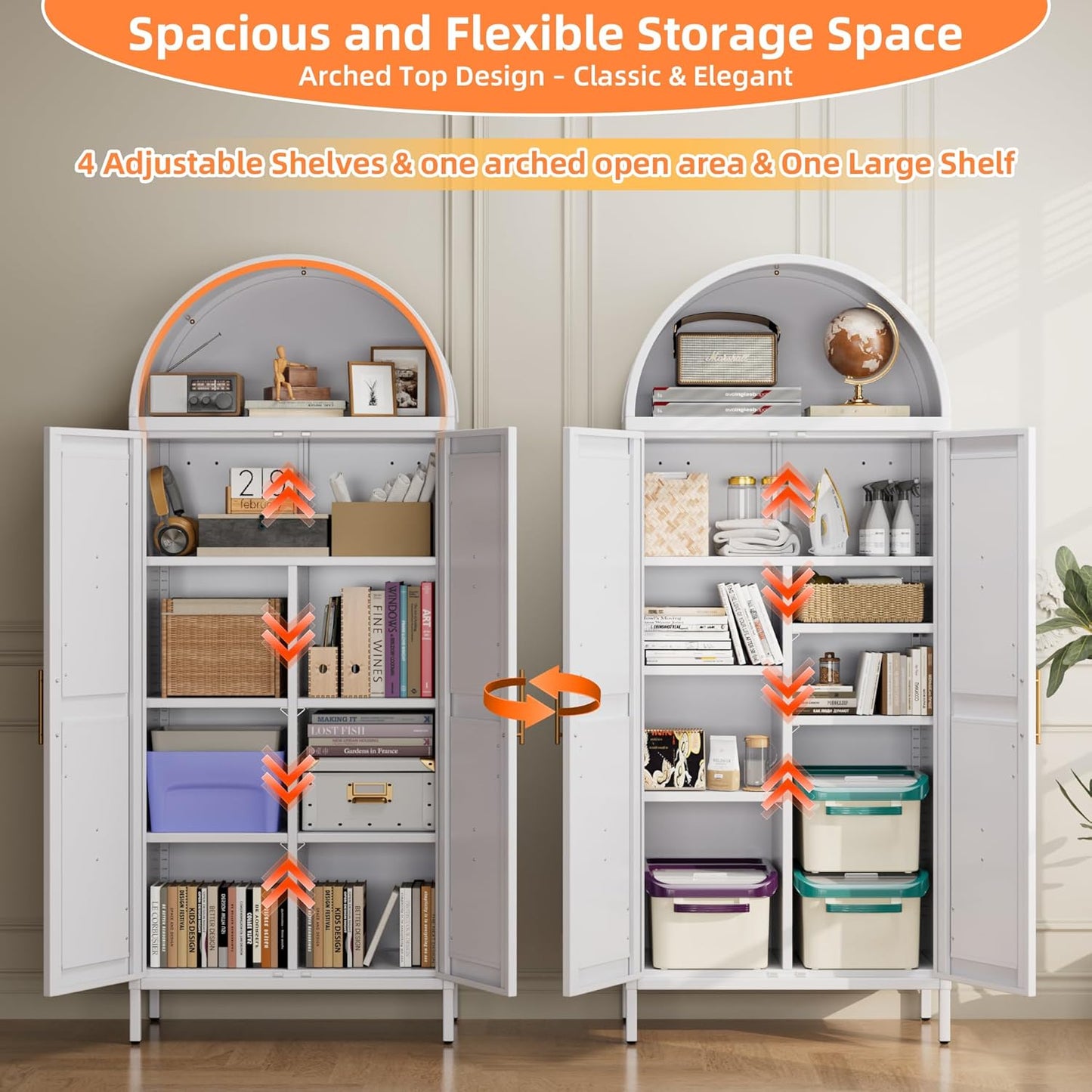 White Kitchen Pantry Cabinet, Arched Storage Cabinet With Doors And Adjustable Shelves, Tall Freestanding Cupboard For Laundry, Dining Room, Living Room, Bathroom