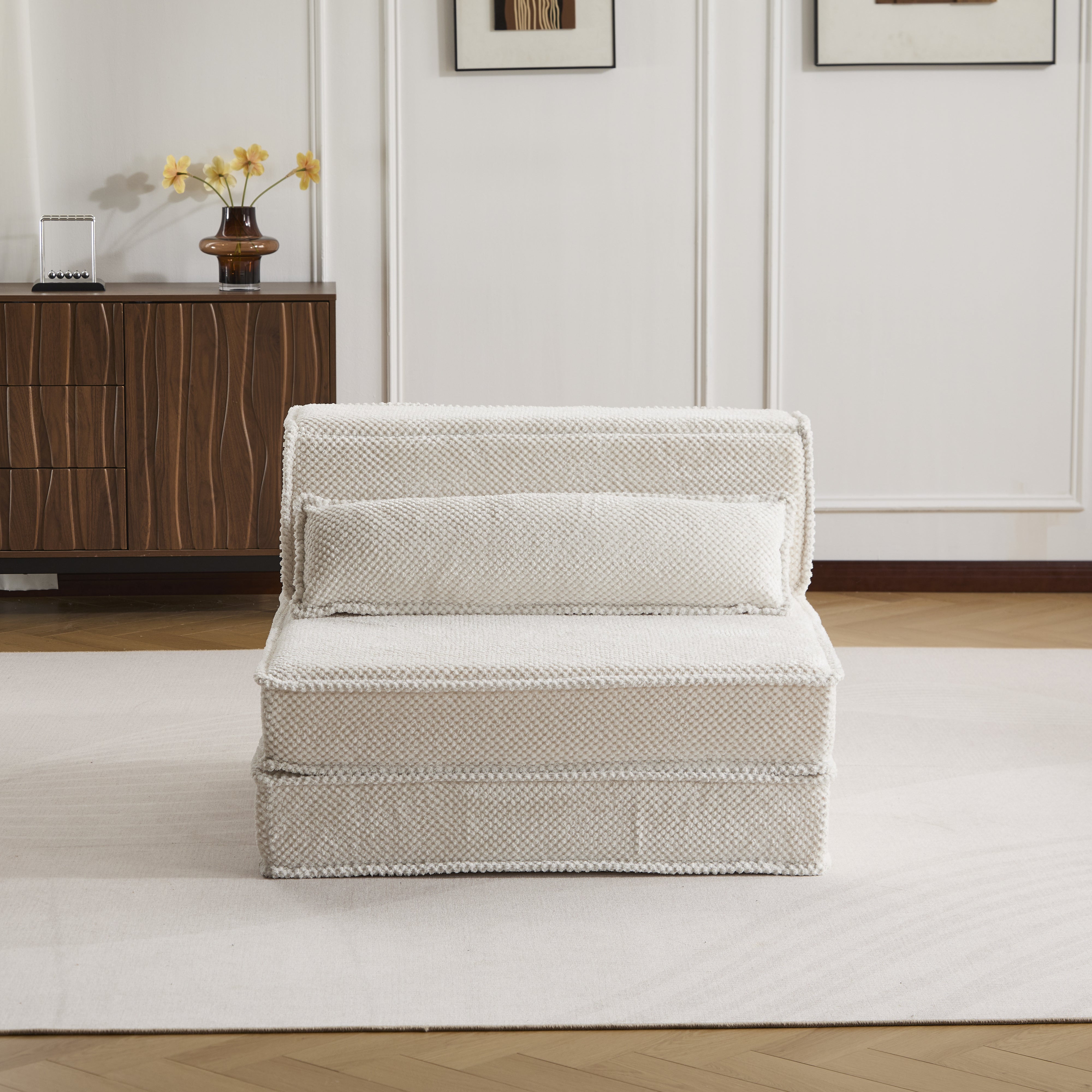 Sofá Mahjong de Compresión, Sofá Cama Convertible para el Suelo, Sofá Seccional Modular sin Huesos DIY, Sin Ensamblaje Requerido, Tejido de Lana de Círculo, Sofá Individual Sobredimensionado con 1 Almohada, Blanco