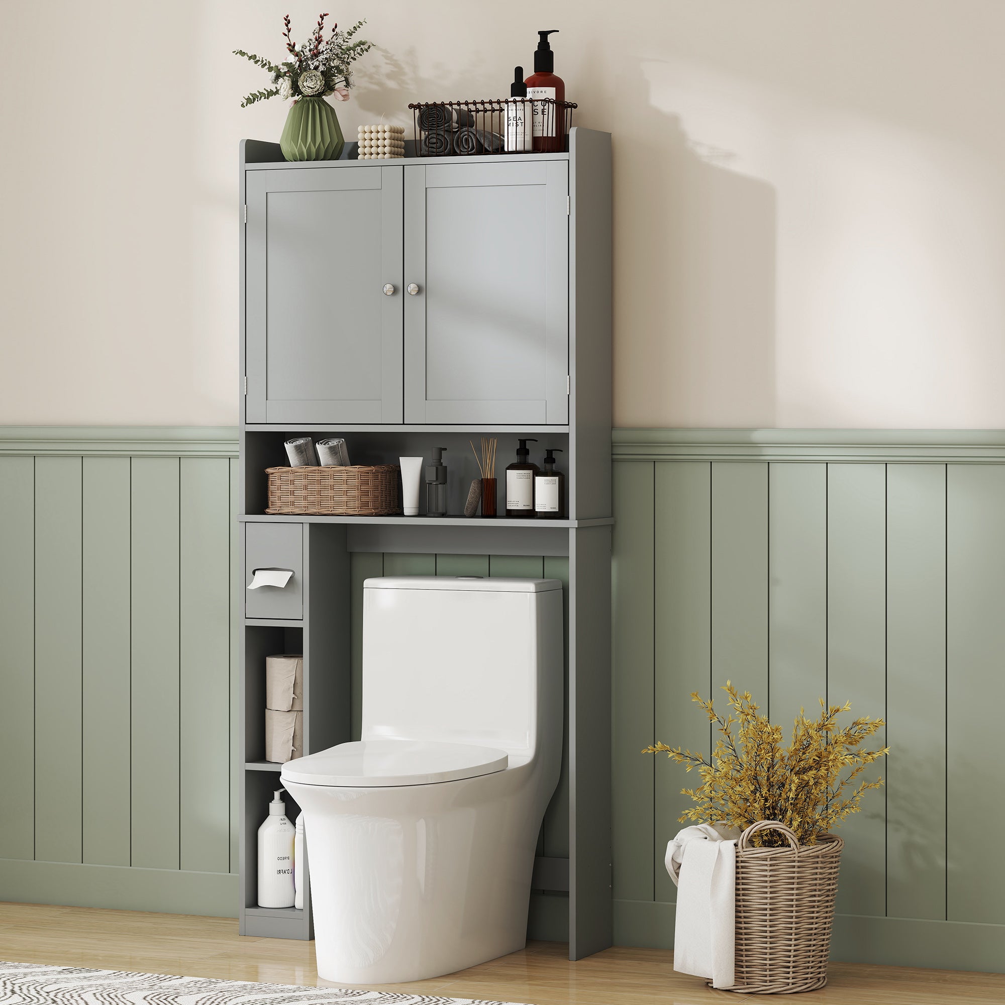 White Modern Storage Cabinet Over-Toilet Two-Tier