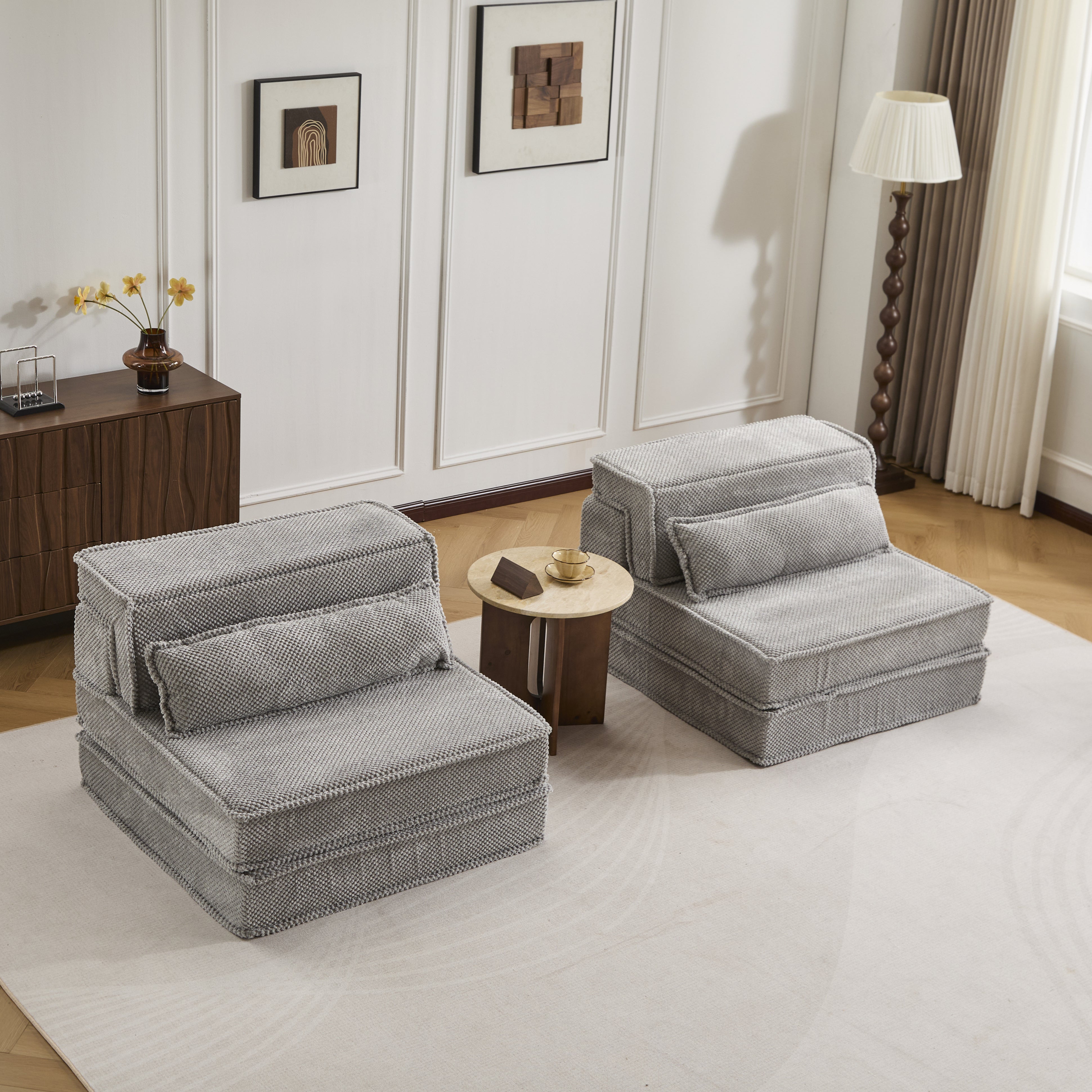 Sofá Mahjong de Compresión, Sofá Cama Convertible para el Suelo, Sofá Seccional Modular sin Huesos DIY, Sin Ensamblaje Requerido, Tejido de Lana de Círculo, Dos Plazas Sobredimensionado con 2 Almohadas, Gris Claro