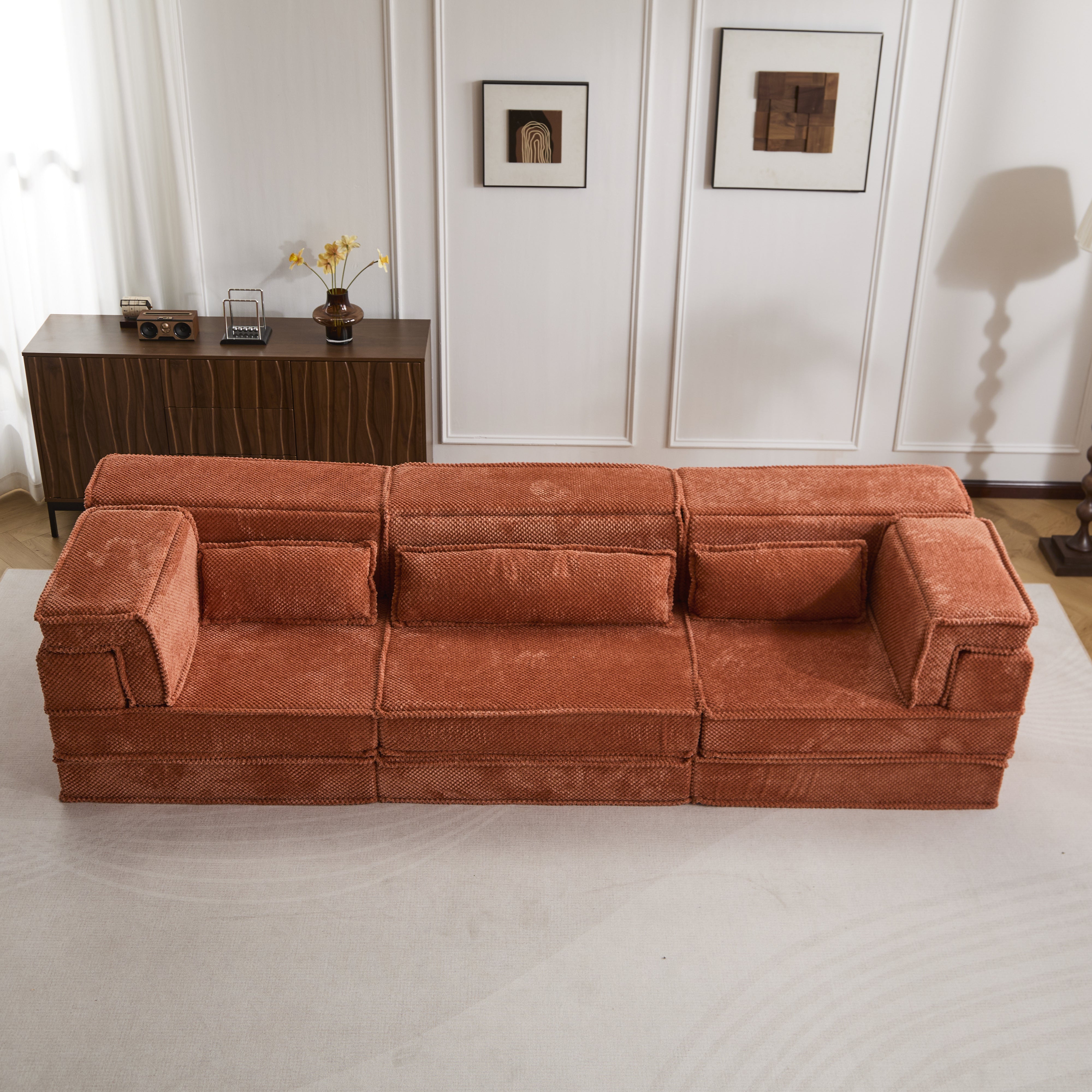 Sofá Mahjong de Compresión, Sofá Cama Convertible para el Suelo, Sofá Seccional Modular sin Huesos DIY, Sin Ensamblaje Requerido, Tejido de Felpa Circular, Asiento para 3 Personas Sobredimensionado con 3 Almohadas, Naranja