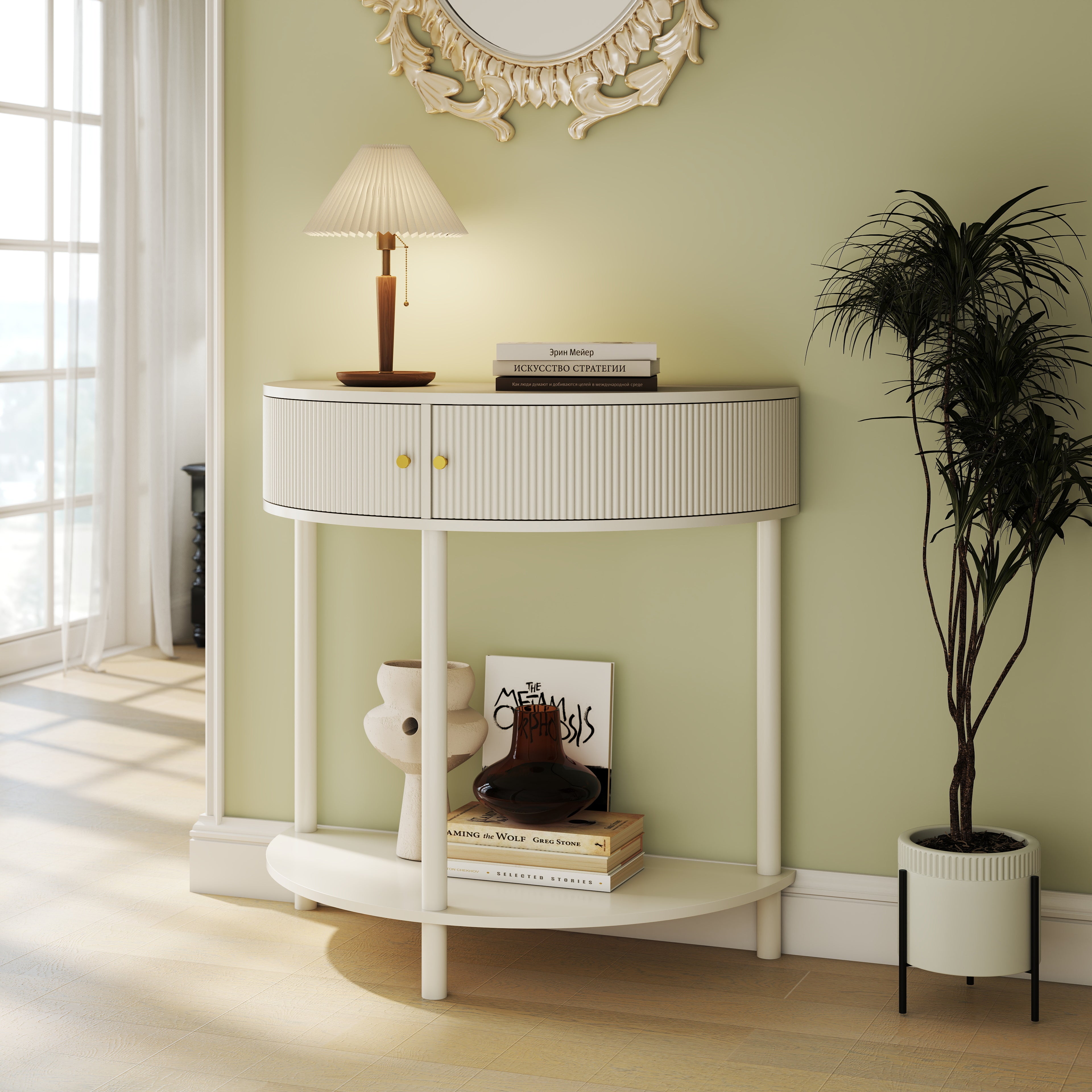 Wave-Pattern Console Table Creamy White Living Room