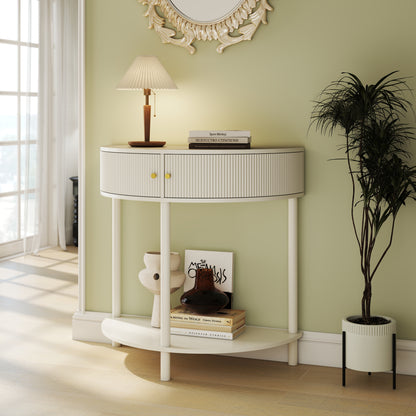 Artisan-Crafted Wave-Pattern Demi-Lune Console Table With Creamy White Finish,Unique Half Moon Design End Table With 2 Storage Drawers And Bottom Shelf For Living Room, Bedroom, Study, Hallway