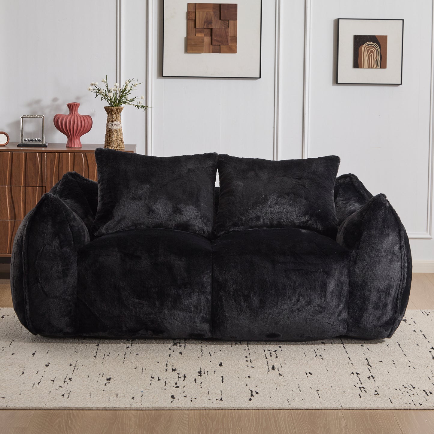Giant Bean Bag Couch For Adults, Ultra Soft Fluffy Loveseat Bean Bag Sofa, Oversized Chase Lounge Chair Indoor For Living Room Bedroom, No Assembly Required Cozy Reading Chair With Pillows, Black
