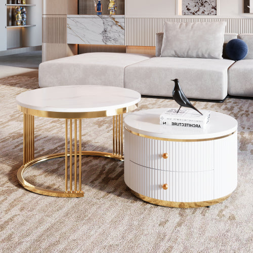 Mesa de centro circular blanca moderna de 2 piezas anidadas con cajones, 27,6 pulgadas