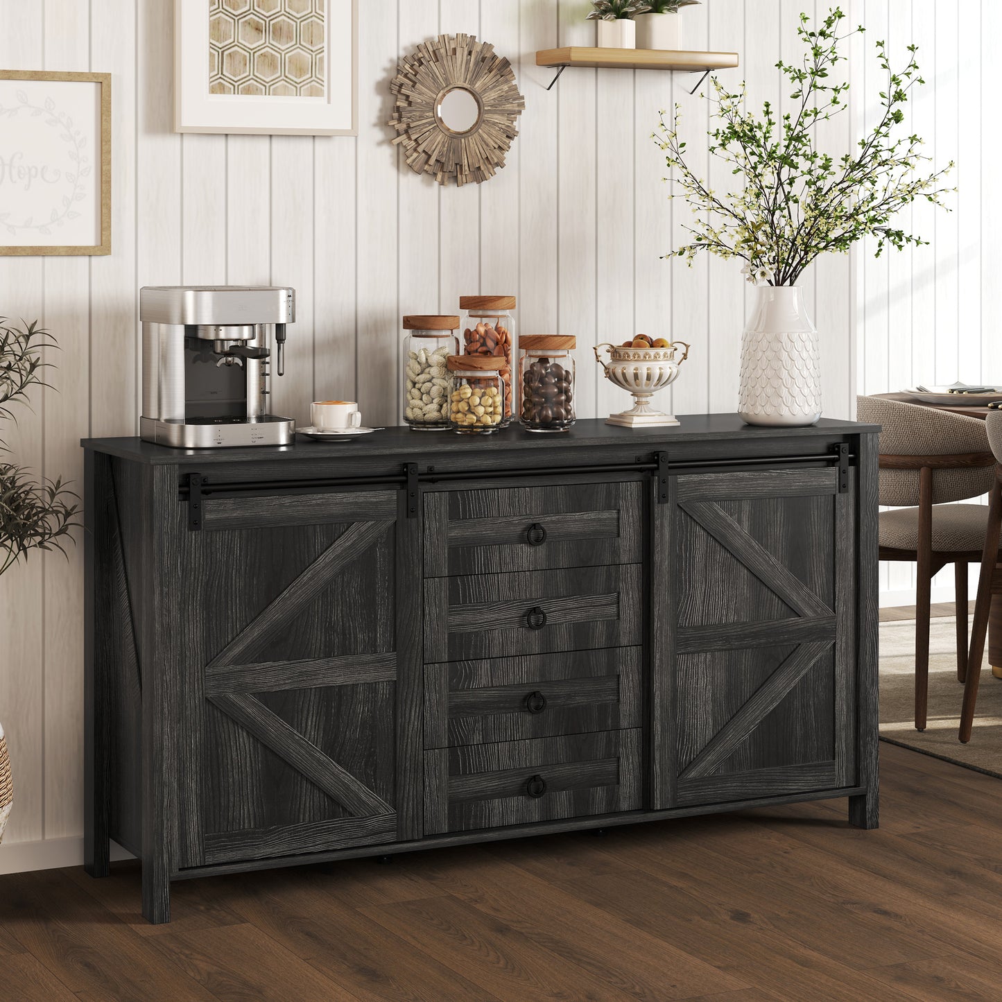 60 Buffet Cabinet, Farmhouse Sideboard With Sliding Barn Doors, Drawers And Adjustable Shelves, Distressed Dark Gray