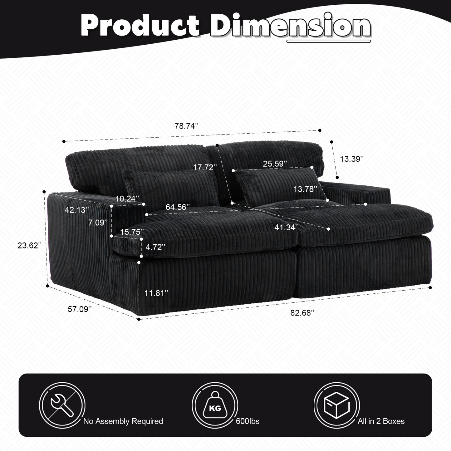Double Chaise Lounge Chair Indoor,Oversized Upholstered Sleeper Cloud Couch,Deep Seat Luxury Sofa Bed,Sectional Sofa Chaise Love-seat,Corduroy Reading Chair For Living Room,No Assembly Required,Black