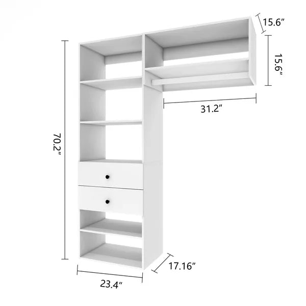 Livelylodge Modular Closet Organizer System: Modern White Open Wardrobe Closet For Bedroom Walk In Closet With 2 Drawers & 6 Shelves & 1 Hanging Rods Storage Closet 54.6"L*17.16"W*70.2"H