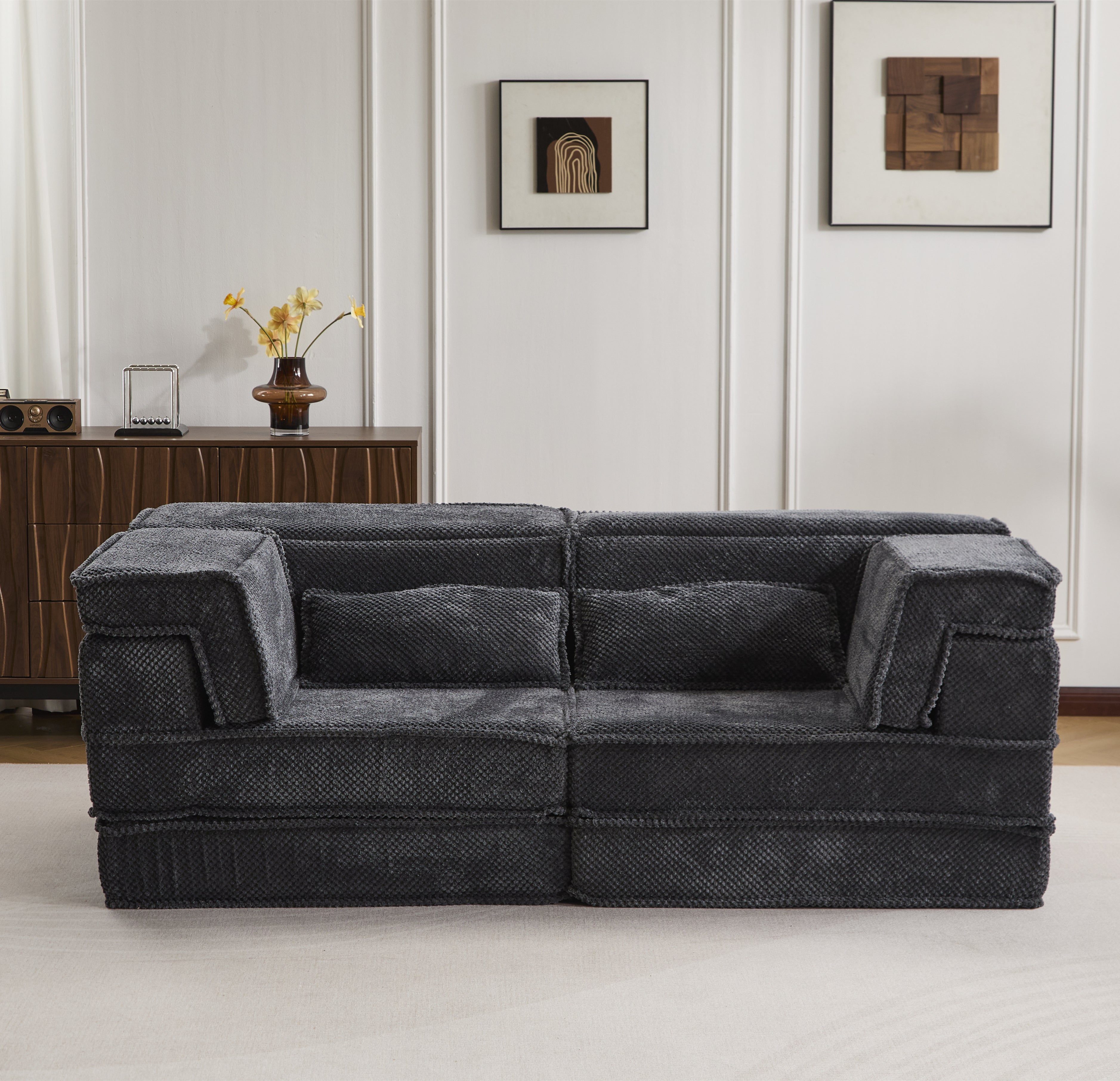 Sofá Mahjong de Compresión, Sofá Cama Convertible para el Suelo, Sofá Seccional Modular sin Huesos DIY, Sin Ensamblaje Requerido, Tejido de Lana de Círculo, Loveseat Sobredimensionado Moderno, Gris Oscuro