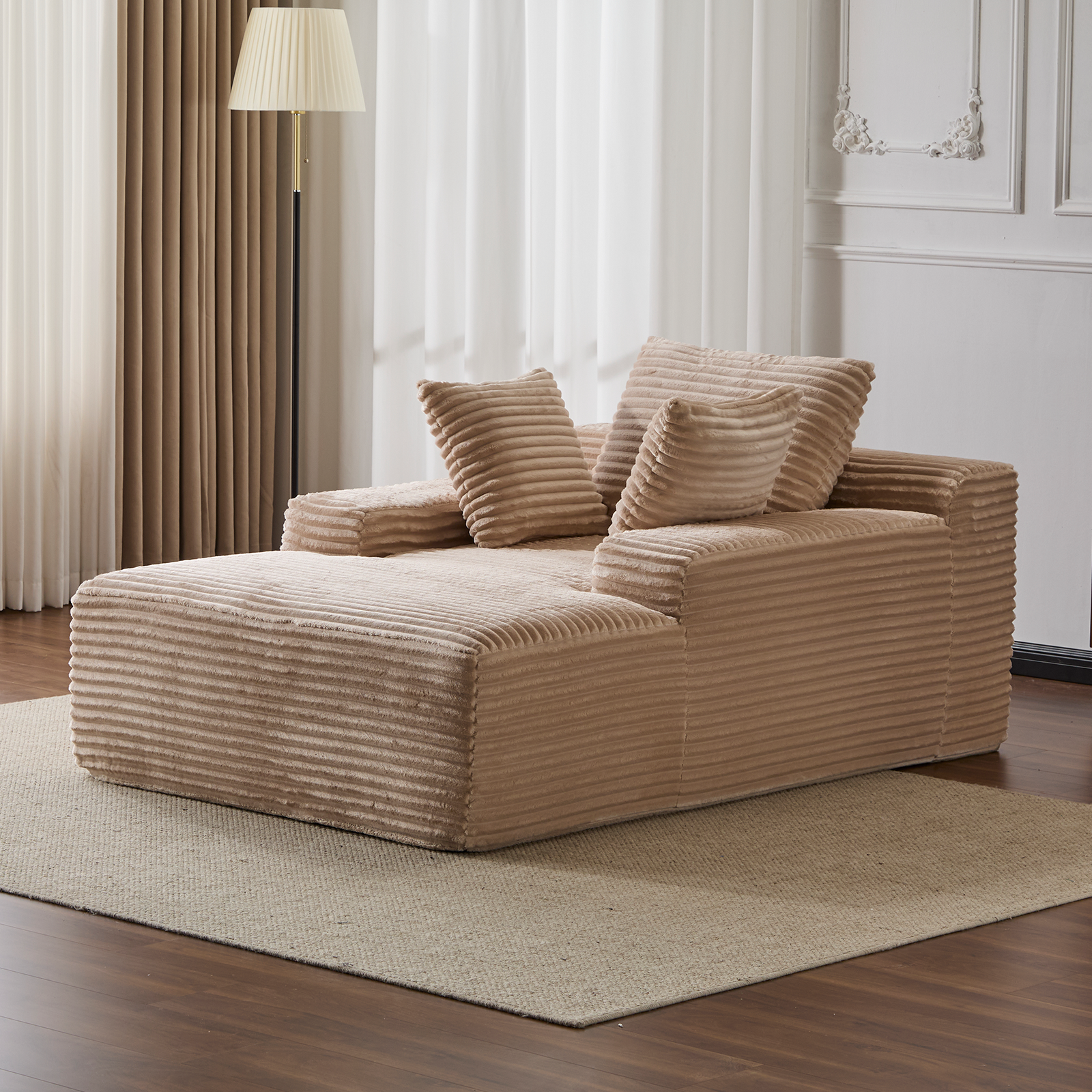 Silla Chaise Lounge Sobredimensionada Cómoda Nube, Sofá Moderno con Tapizado de Terciopelo Acanalado Mullido, Sofá Cama Día con 3 Cojines Decorativos y Reposabrazos Anchos para Sala de Estar, Sin Ensamblaje Requerido, Beige
