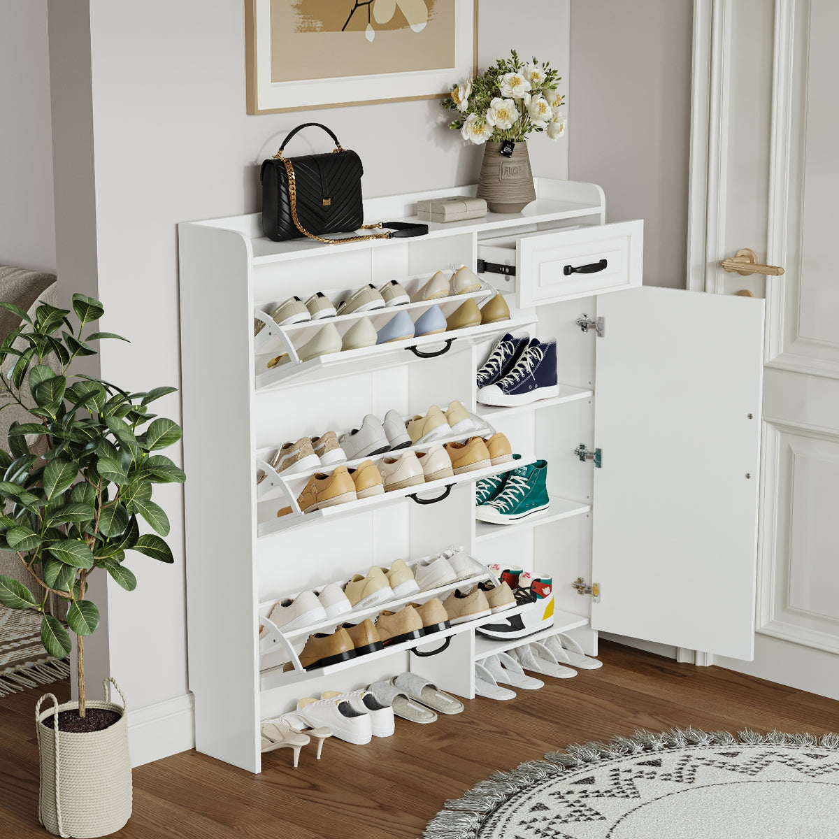 Armario para Zapatos de Color Blanco con 4 Puertas y 1 Cajón, Puerta de PVC con Forma, Amplio Espacio para Almacenamiento