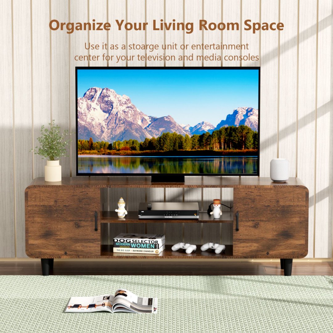 Soporte de TV para Televisor de 55 Pulgadas, Centro de Entretenimiento con Armarios de Almacenamiento, Puerta con Bisagra Suave y Manija, Mesa Consola de TV para Medios en Sala de Estar o Dormitorio, Marrón Rústico