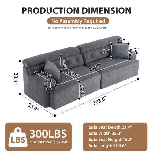 LY-029 Graue Kompressionssofa für 4 Personen, Kombinierte Sofa, Holzmaserung Chenille-Stoff, Voll-Schwamm-Kompressionssofa, kombinierte Sofa mit 2 Kissen für Wohnzimmer, Möbel für Zuhause, Wohnung