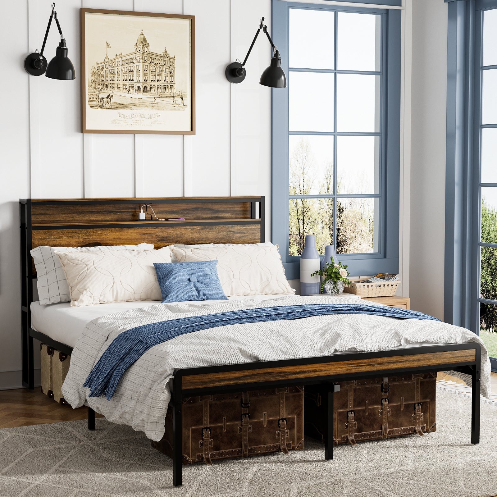 Estructura de Cama de Tamaño Queen, Cabecero con Almacenamiento y Luz LED, Estación de Carga, Sólida y Estable, Sin Ruido