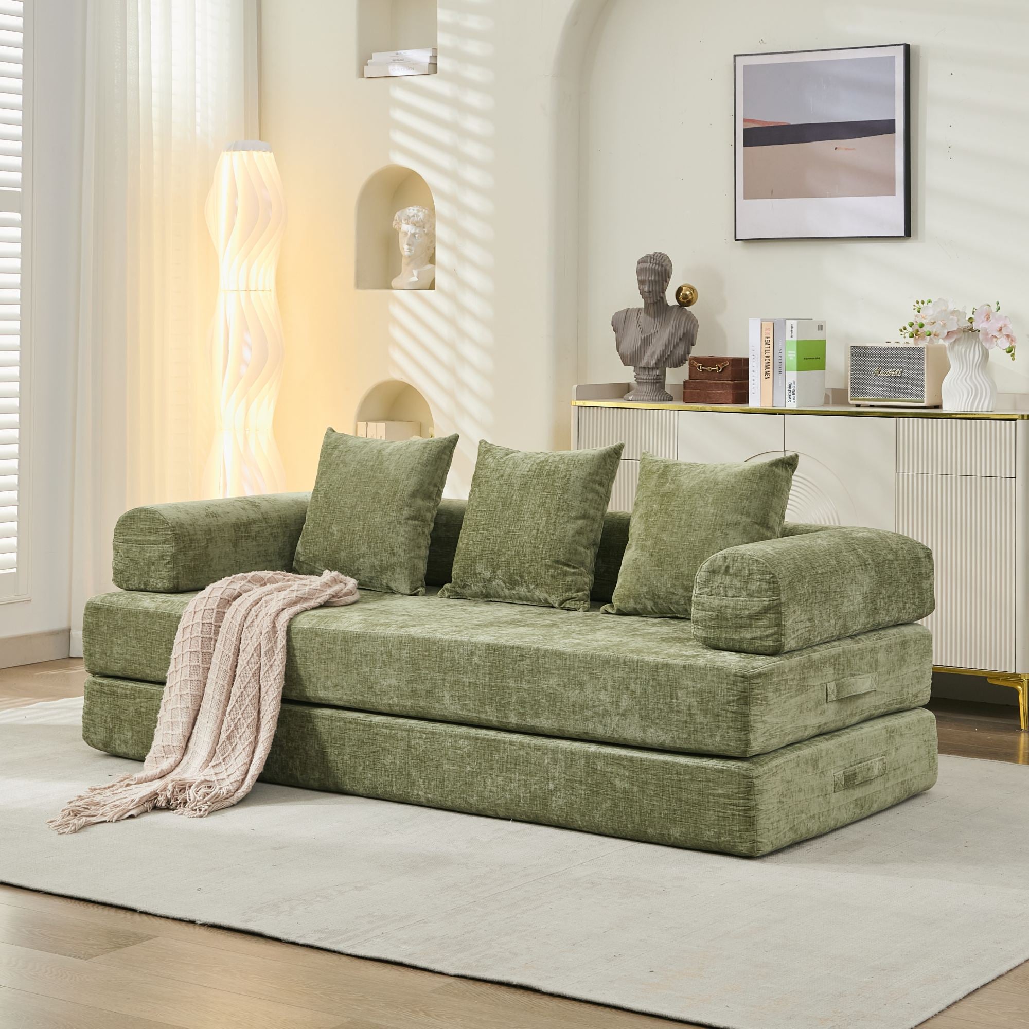 Sofá Colchón Plegable Convertible Cómodo, Sofá Cama para el Suelo, Sofá para el Suelo de Chenille con Reposabrazos, Sofá Lounge para el Suelo para Sala de Estar, Dormitorio, Lounge, Estudio-Verde