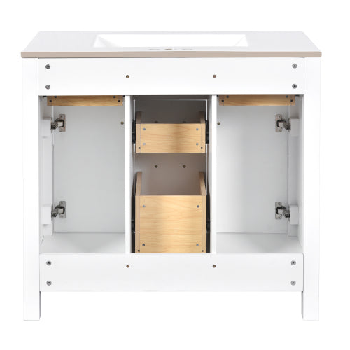 36'' Badezimmer-Waschständer mit Keramik-Waschbecken-Kombinationsset, moderner freistehender einzelner Badezimmerschrank mit 4 Schubladen & 2 Schränken, Stauraumschrank für das Badezimmer, Waschständer-Set mit massivem Holzrahmen, weiß