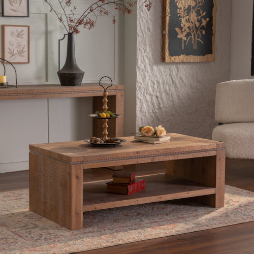 Mesa de Centro Rectangular de Madera Maciza para Sala de Estar, Mesa de Centro Rústica Grande de 2 Niveles con Estante de Almacenamiento, para Oficina y Apartamento, Ensamblaje Fácil