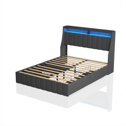 Estructura de Cama de Tamaño Completo con LED, 4 Cajones de Almacenamiento Portátiles Bajo la Cama, Diseño de Cabecero con Alas