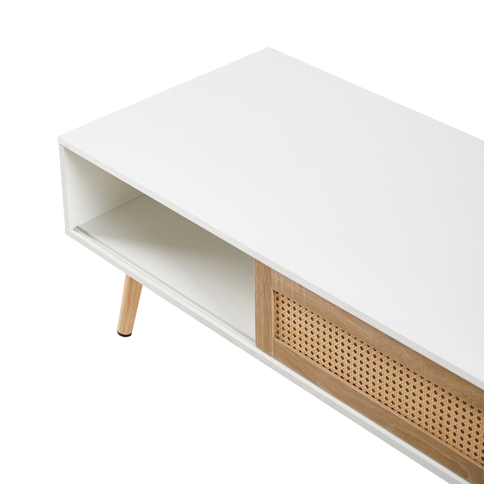 Mesa de Café de Ratán con Puerta Corredera y Patas de Madera Maciza - Sala de Estar Moderna