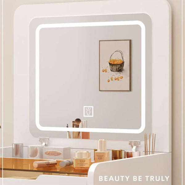 Tocador 3 en 1 con Espejo Giratorio e Iluminación, Pequeño Conjunto de Tocador para Maquillaje con Tablero de Mesa de Vidrio para Visión, 3 Cajones, Taburete de Almacenamiento, Espejo Iluminado de 3 Colores, Tocador para Dormitorio en Espacios Pequeños