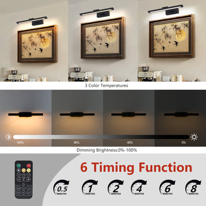 Picture Light Battery Operated With Remote, LED Black Art Lights For Paintings Rechargeable Dimmable And Timer, 16in Wall Sconce For Art Painting Gallery Adjustable Swing Arm For Display
