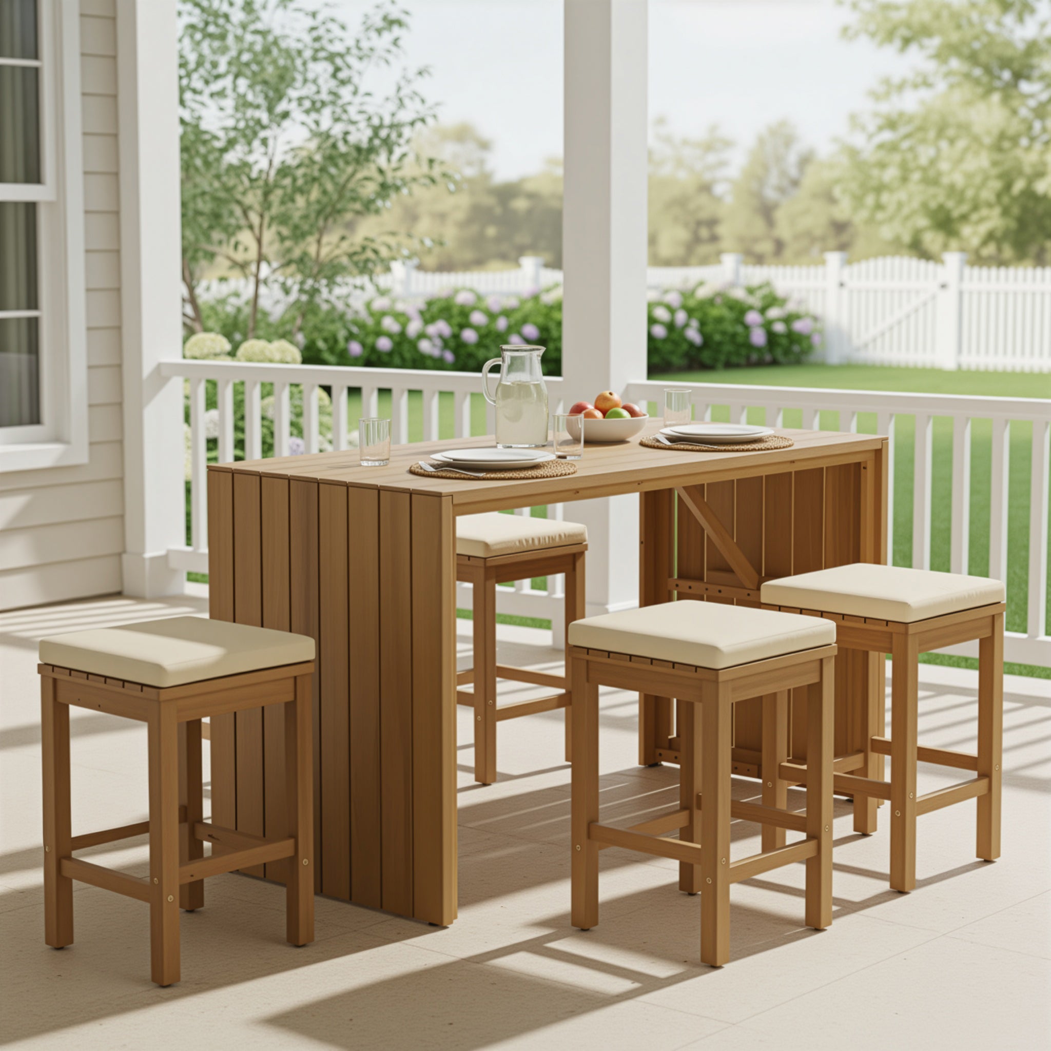 Juego de Bar Exterior de 5 Piezas, Mesa de Altura de Bar de Madera de Acacia para Patio y Cuatro Taburetes con Cojines, Juego de Bar de Comedor de Madera para Patio Trasero, Piscina, Balcón, Beige