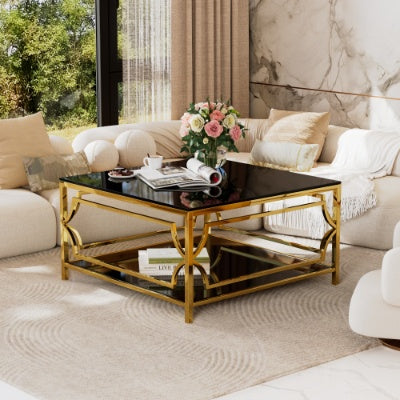 Square Glass Coffee Table In 33.5 ,Luxurious Geometric Metal Frame,Gold Finish  Lower Shelf
